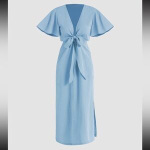 Cider Solid Bow Cut Out Midi Dress in Sky Blue